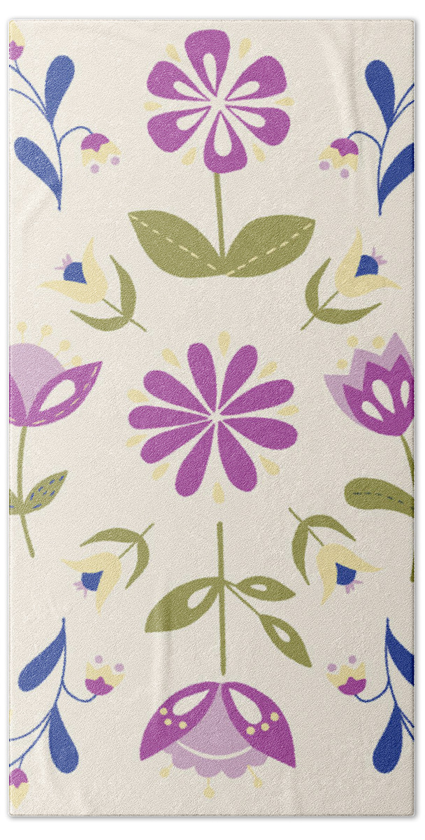 Folk Flowers Bath Towel featuring the digital art Folk Flower Pattern in Beige and Purple by Ashley Lane
