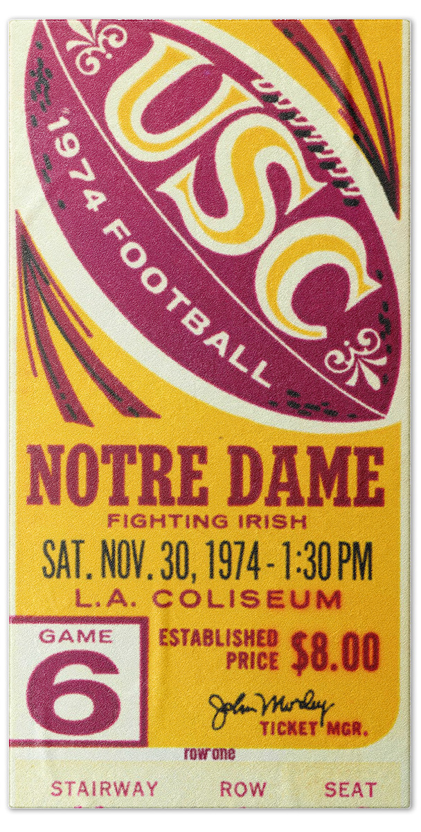 Usc Hand Towel featuring the drawing 1974 Notre Dame vs. USC by Row One Brand