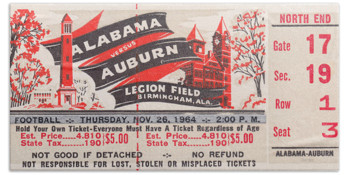 Auburn Bath Towel featuring the drawing 1965 Alabama vs. Auburn by Row One Brand