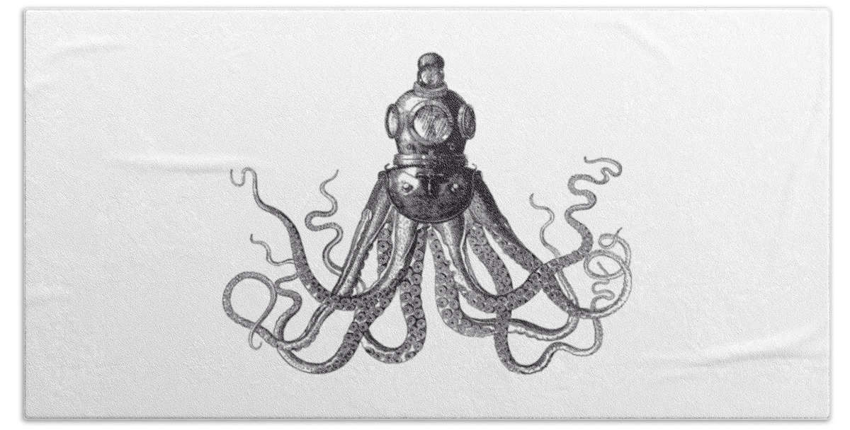 Octopus Bath Towel featuring the digital art Octopus in Diving Helmet by Eclectic at Heart