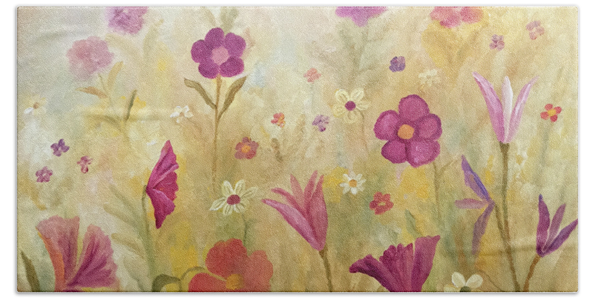 Wild Flowers Bath Towel featuring the painting Flowers In The Mist by Angeles M Pomata