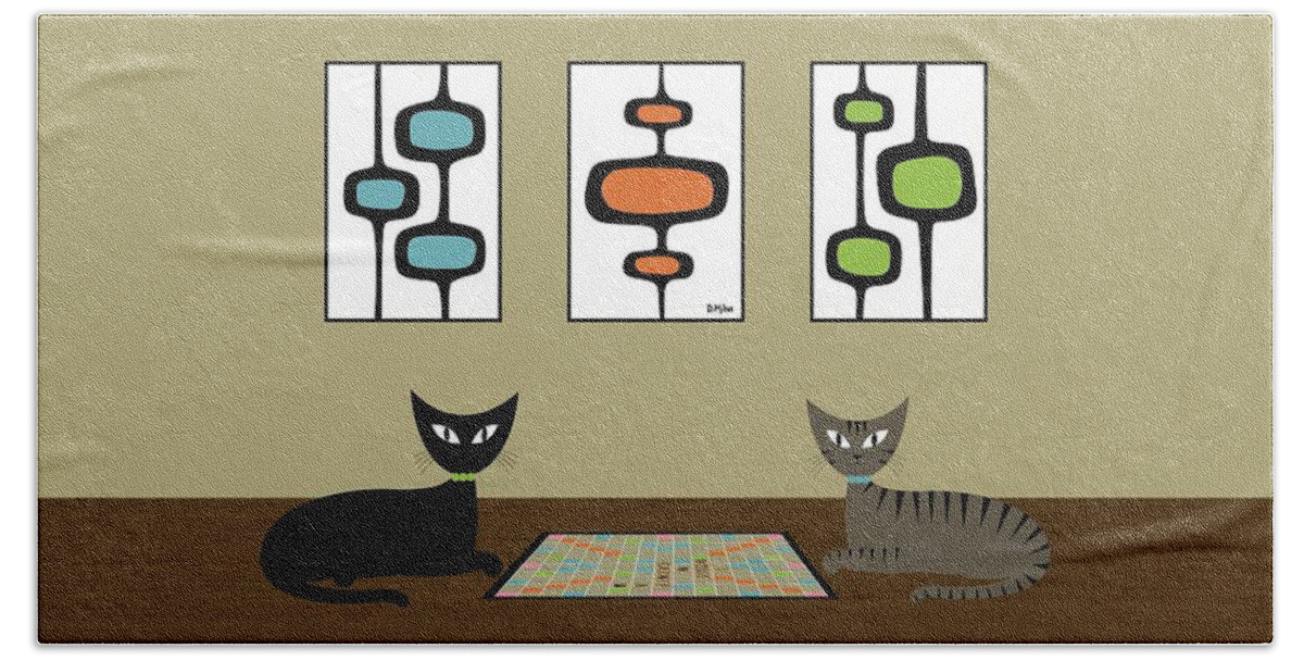 Mid Century Modern Bath Towel featuring the digital art Mid Century Scrabble Cats by Donna Mibus