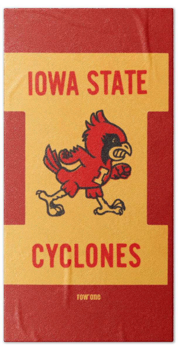 Iowa Bath Towel featuring the mixed media 1950's Iowa State Cyclone Art by Row One Brand