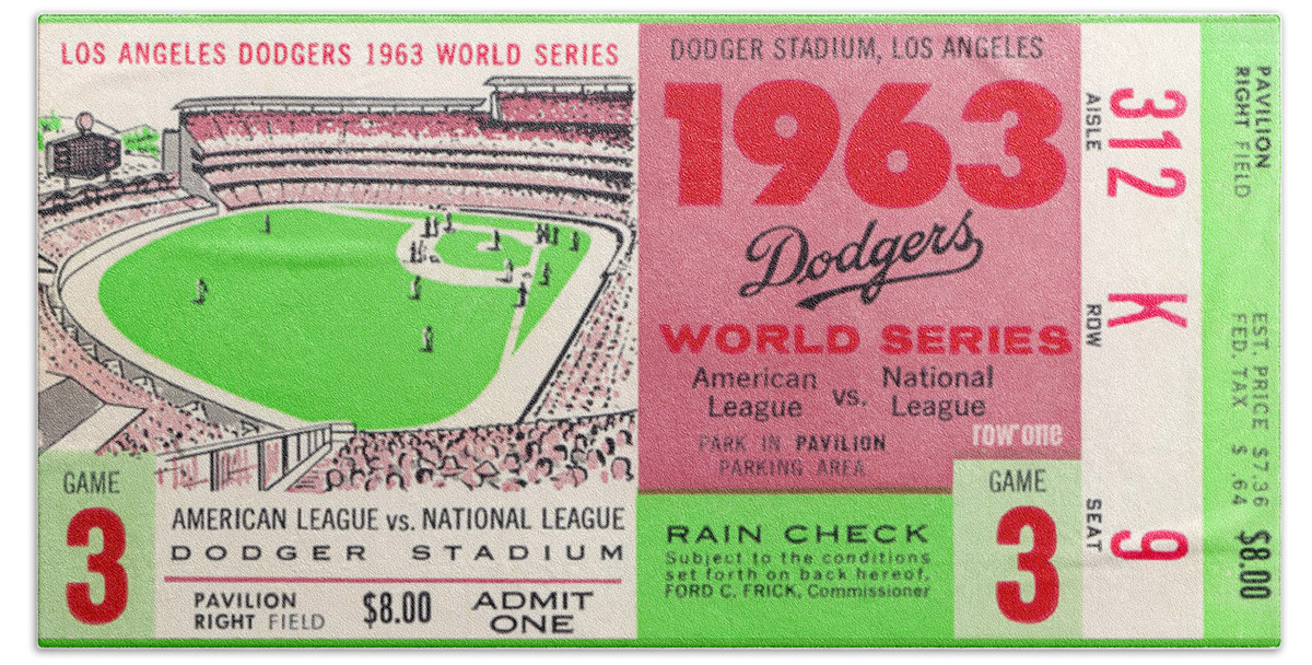 La Hand Towel featuring the mixed media 1963 World Series Dodgers Ticket by Row One Brand