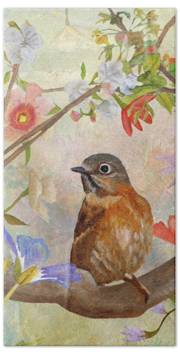 Bluebird Hand Towel featuring the painting Bluebird On A Blossoming Branch by Angeles M Pomata