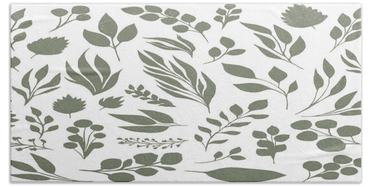 Retro Hand Towel featuring the drawing Elegant floral pattern, light green leaf inked silhouettes set, vector isolated illustration by Mounir Khalfouf