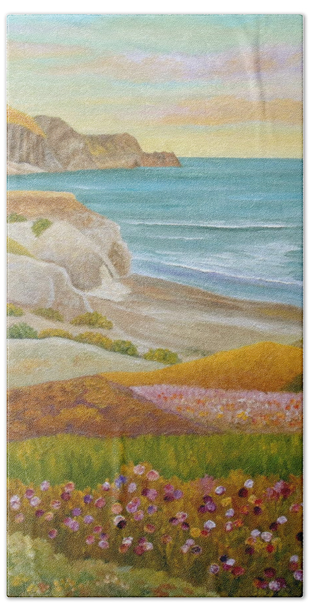Wild Flowers Bath Towel featuring the painting Prairie By The Sea by Angeles M Pomata