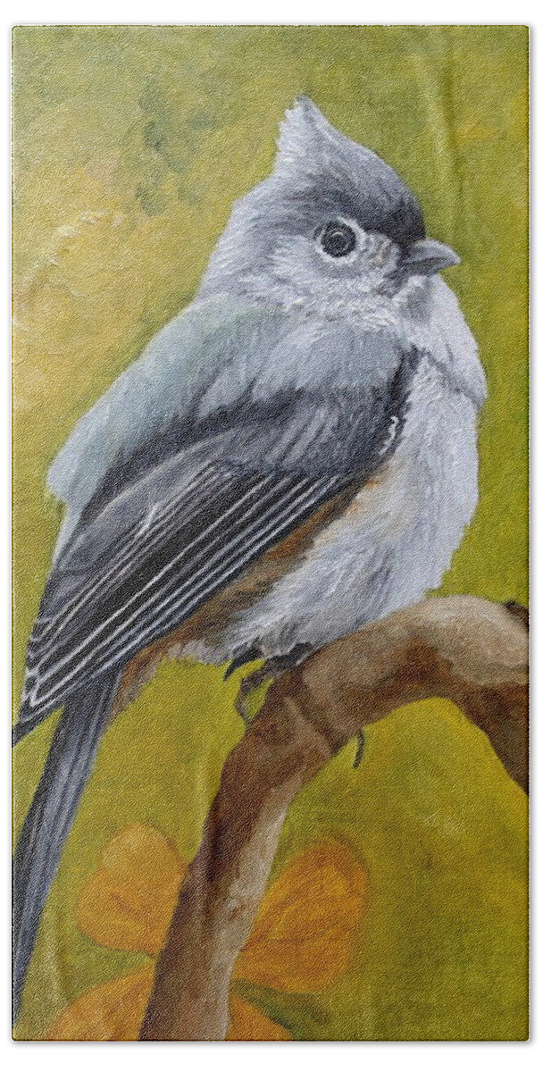 Tufted Titmouse Bath Towel featuring the painting Big-Eyed Tufted Titmouse by Angeles M Pomata