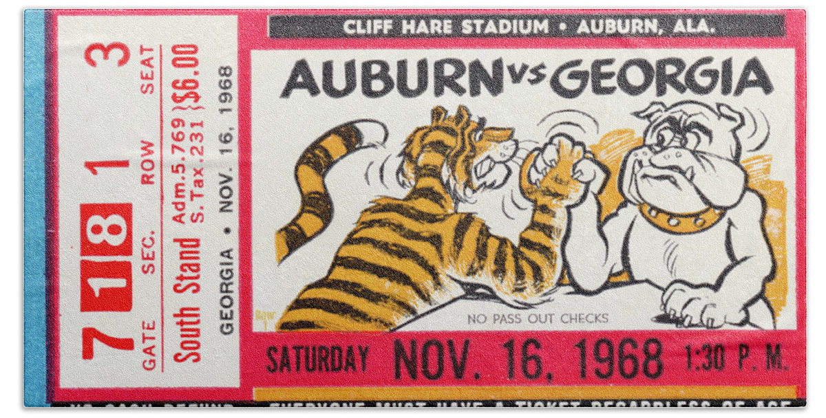 Ticket Bath Towel featuring the mixed media 1968 Auburn Tigers vs. Georgia Bulldogs by Row One Brand