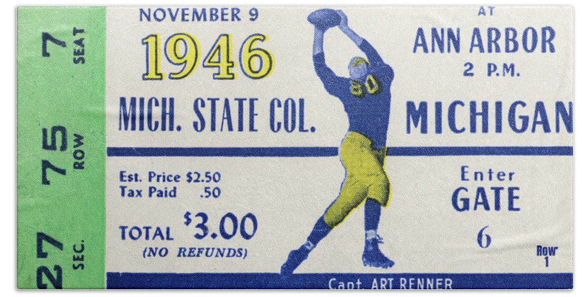 Michigan Bath Towel featuring the mixed media 1946 Michigan State College vs. Michigan Football Ticket Art by Row One Brand