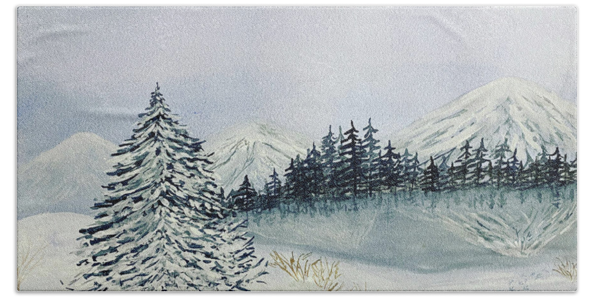 Winter Hand Towel featuring the painting Winter Tree and Mountains by Lisa Neuman