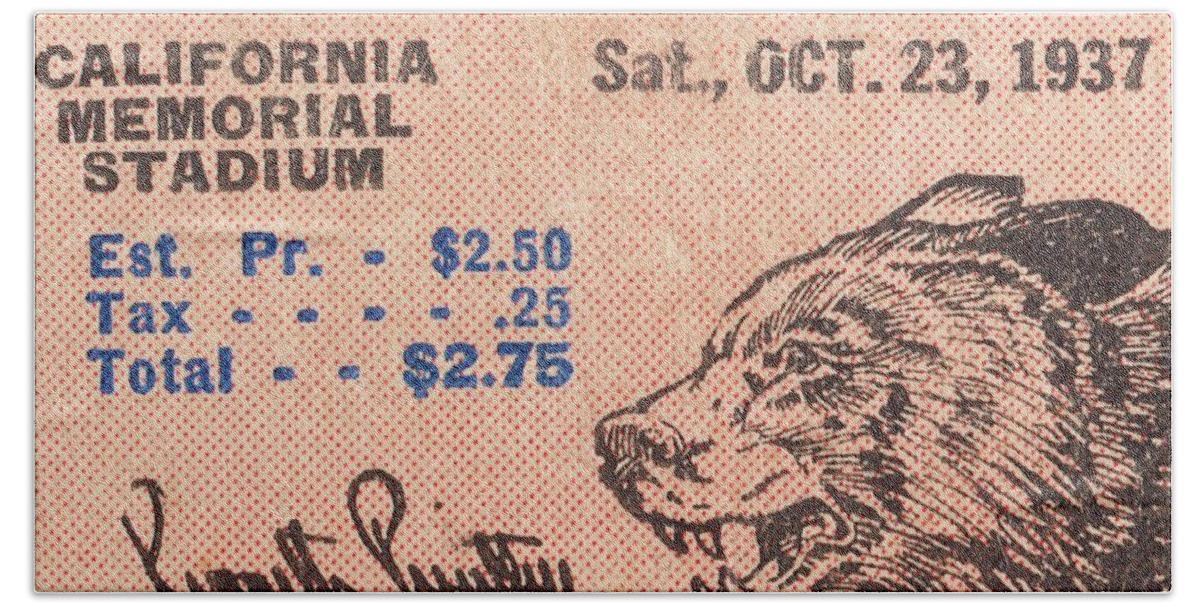 California Bath Towel featuring the mixed media 1937 Cal Bears Football Ticket Remix Art by Row One Brand