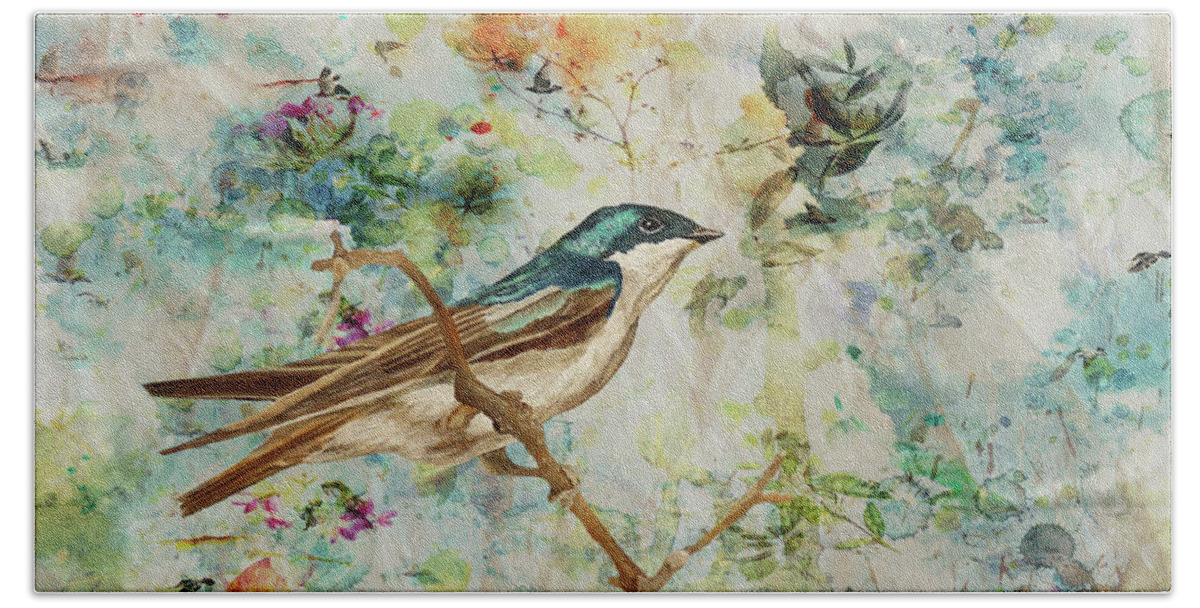 Tree Swallow Bath Towel featuring the painting Bright And Blue by Angeles M Pomata