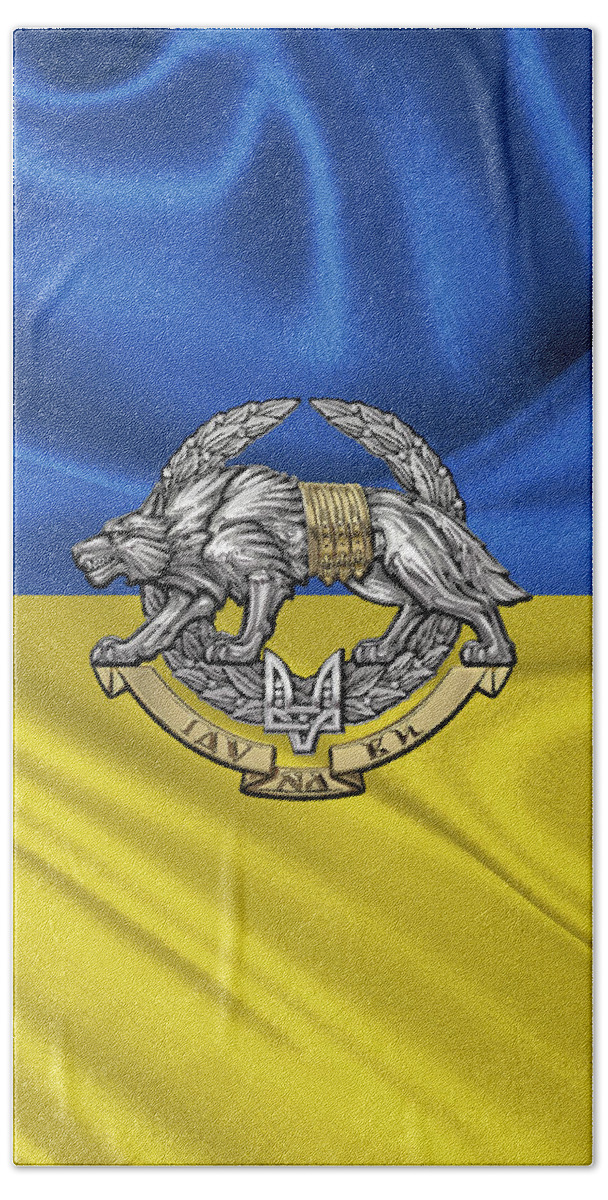 'military Insignia & Heraldry’ Collection By Serge Averbukh Bath Towel featuring the digital art Ukrainian Special Operations Forces - SSO Emblem over Ukrainian Colors by Serge Averbukh