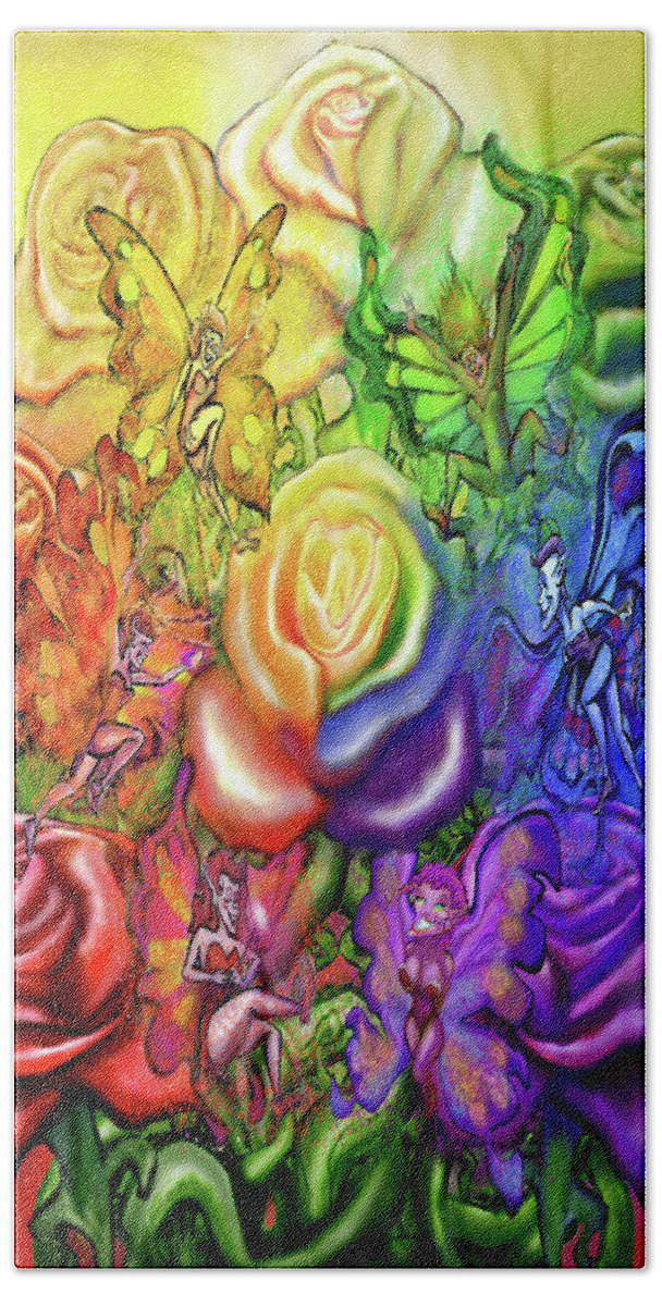 Rainbow Bath Towel featuring the digital art Roses Rainbow Pixies by Kevin Middleton