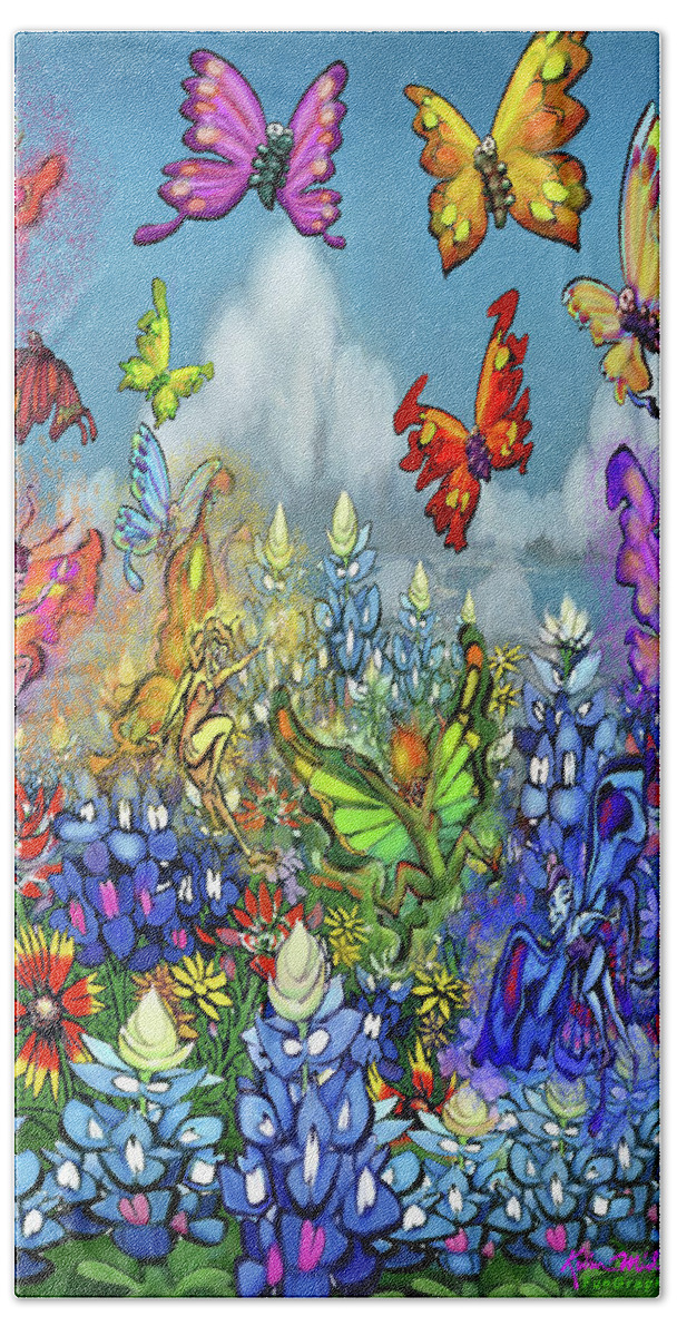 Wildflowers Bath Towel featuring the digital art Wildflowers Pixies Bluebonnets n Butterflies by Kevin Middleton