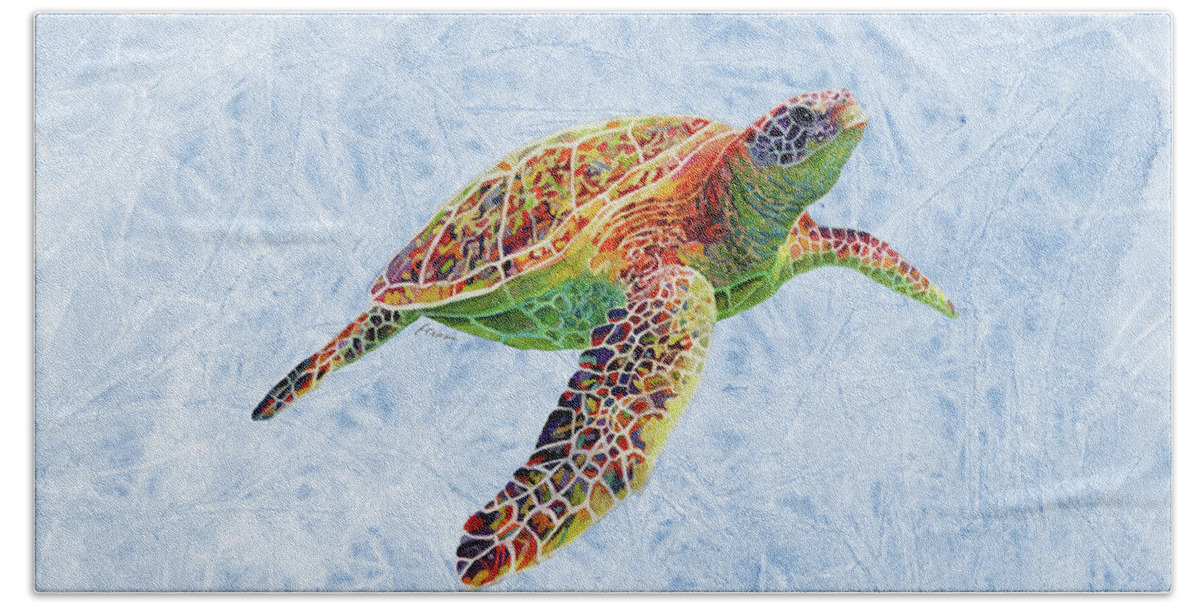 Turtle Bath Towel featuring the painting Turtle Reflections on Blue by Hailey E Herrera
