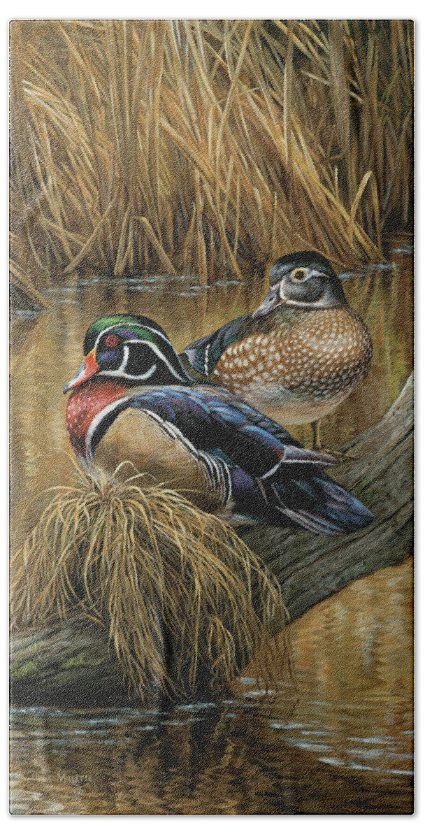 Bird Bath Towel featuring the painting Backwaters Wood Ducks by Wild Wings