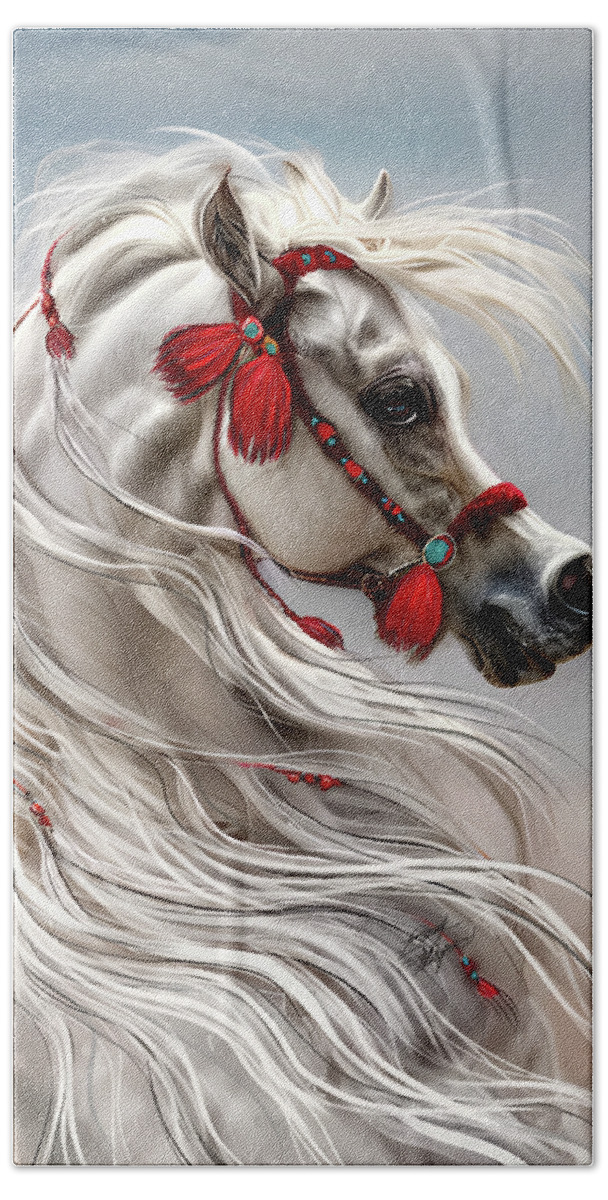 Equestrian Art Hand Towel featuring the digital art Arabian with Red Tassels by Stacey Mayer by Stacey Mayer