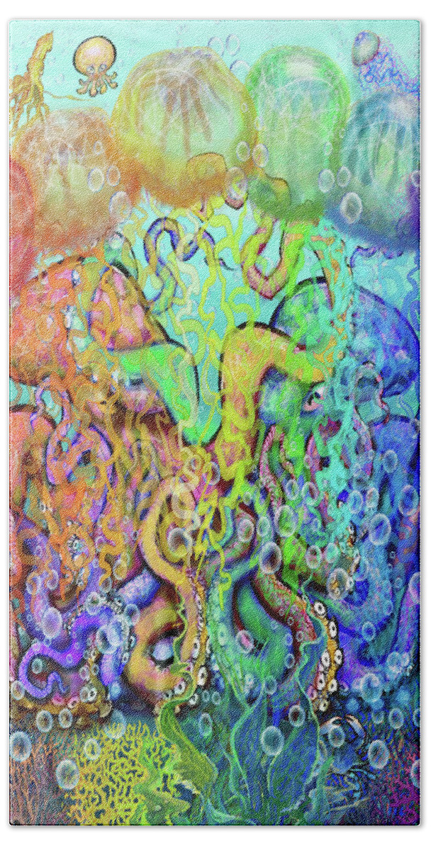 Octopi Bath Towel featuring the digital art Twisted Rainbow of Tentacles by Kevin Middleton