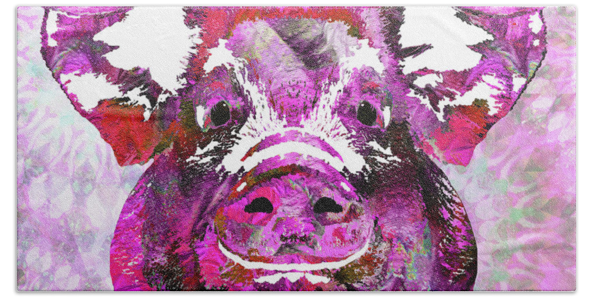 Pig Hand Towel featuring the painting Pink Pig Art Farm Animal Fun by Sharon Cummings
