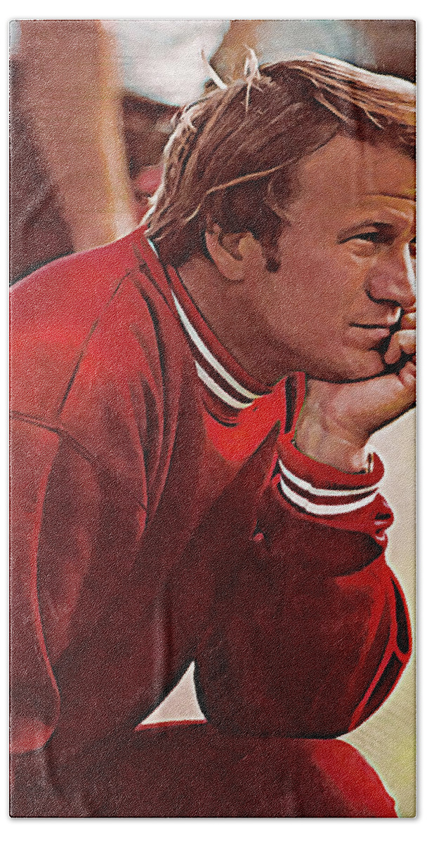 Row One Brand Bath Towel featuring the mixed media Barry Switzer OU Sideline Art by Row One Brand
