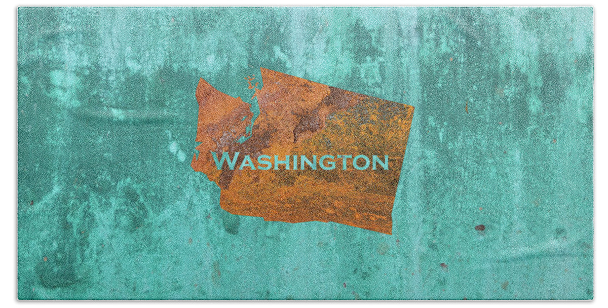 Washington Hand Towel featuring the mixed media Washington Rust on Teal by Elisabeth Lucas