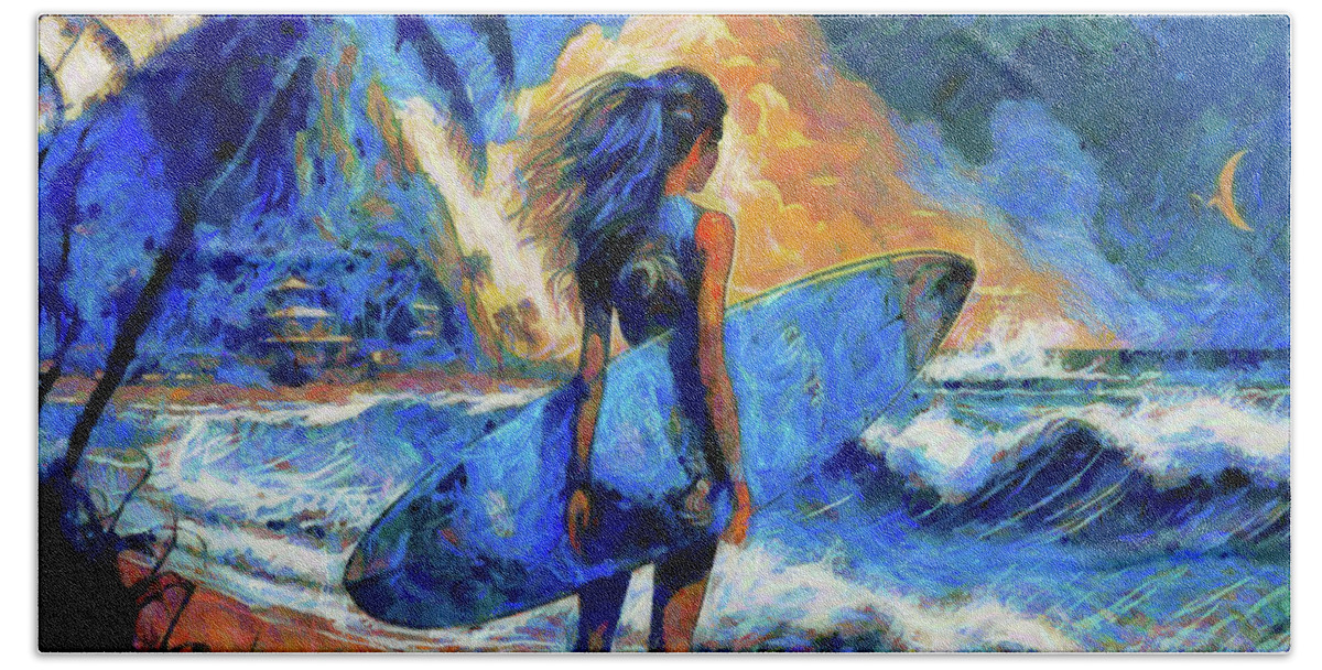 Girl With Surfboard Checking Swell Bath Towel featuring the digital art Girl with Surfoard Checking Swell by Caito Junqueira