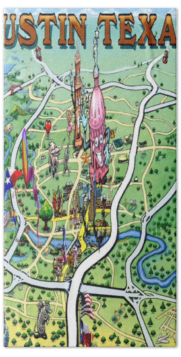 Austin Bath Towel featuring the painting Austin Texas Fun Map by Kevin Middleton