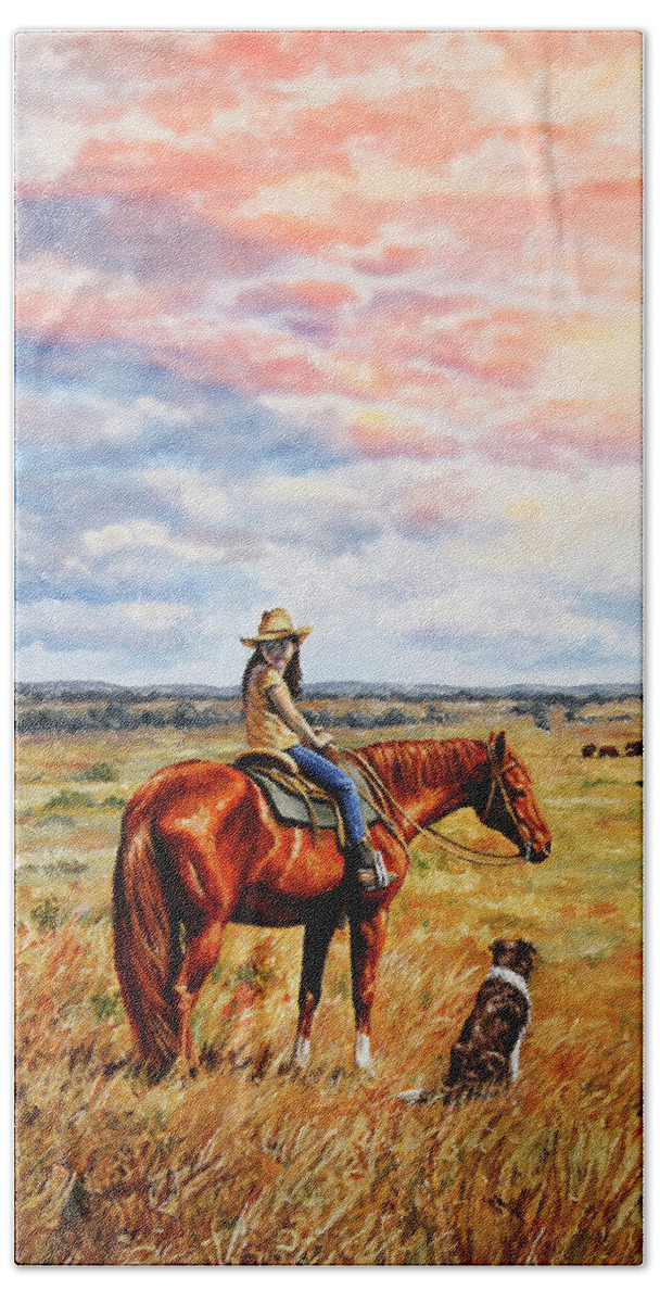 Western Bath Towel featuring the painting Horse Painting - Waiting for Dad by Crista Forest