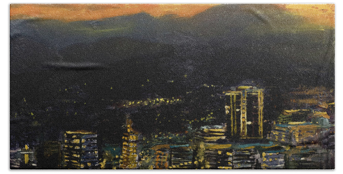 Asheville Cityscape Hand Towel featuring the painting Asheville Skyline at Sunset by Gray Artus