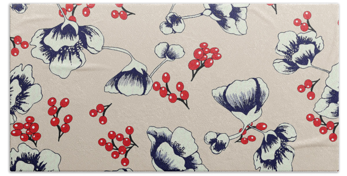 Asian Bath Towel featuring the digital art Asian Blossoms with Red Berries by Sand And Chi