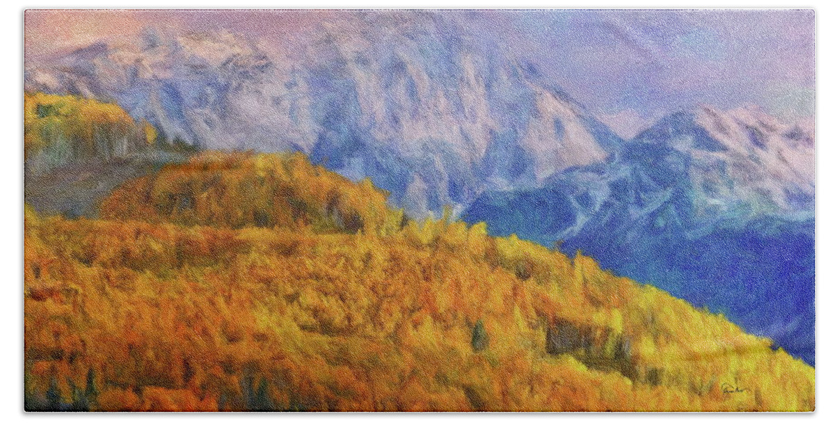 Colorado Bath Towel featuring the digital art Aspens Capitol Peak in Autumn by Russ Harris