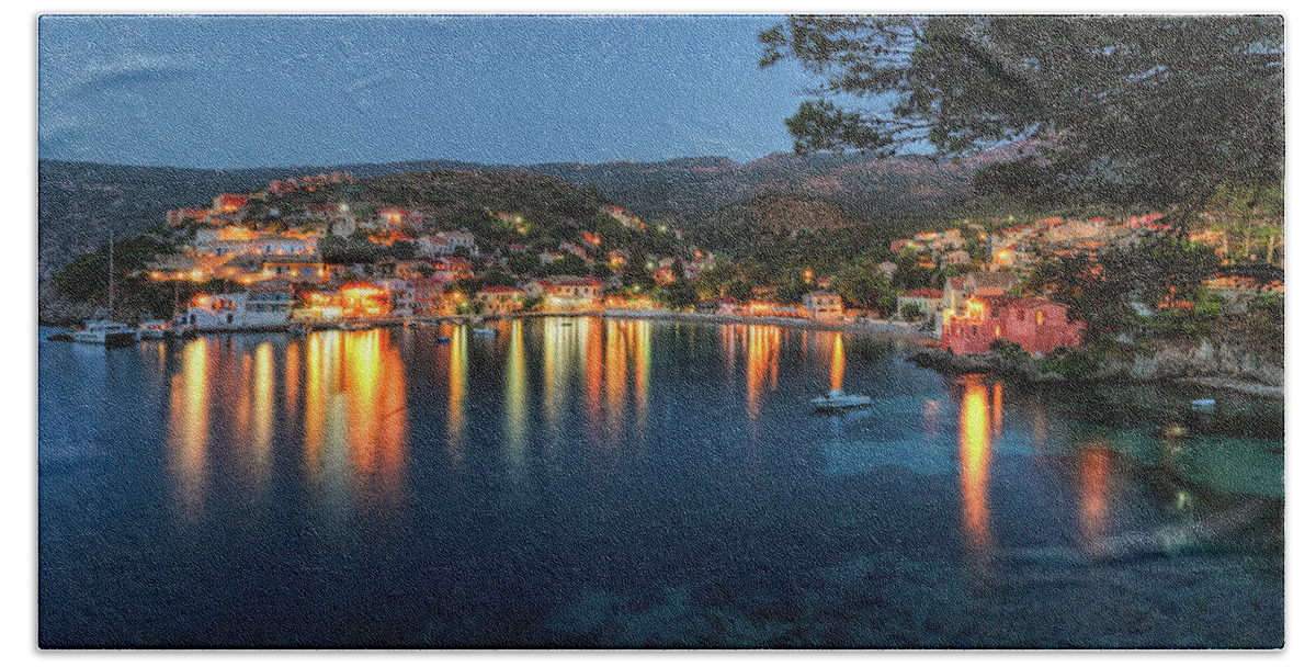 Assos Bath Towel featuring the photograph Assos by night in Kefalonia, Greece by Constantinos Iliopoulos