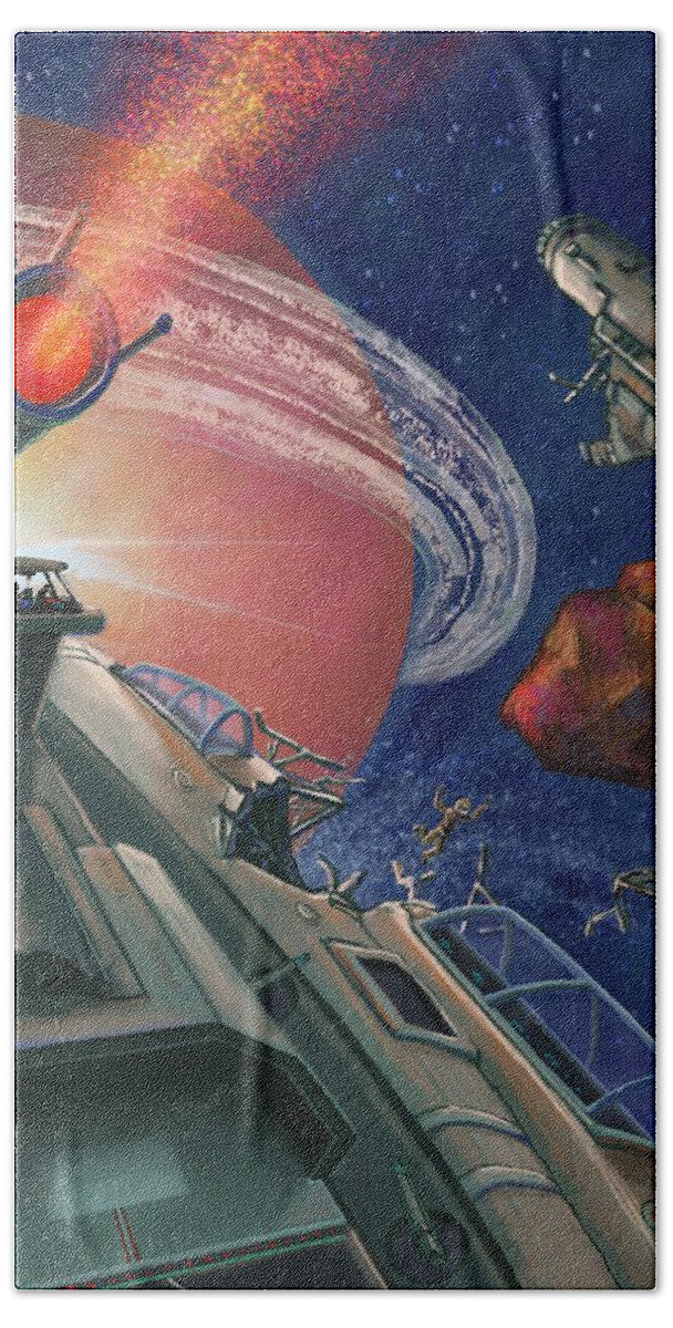 Outer Space Hand Towel featuring the painting Asteroid Event by Don Morgan