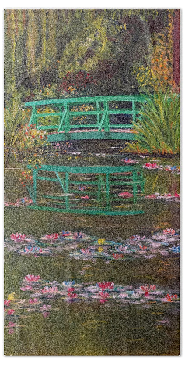 Oil Bath Towel featuring the painting At Giverny - France - Oil on Canvas by Jean-Pierre Ducondi