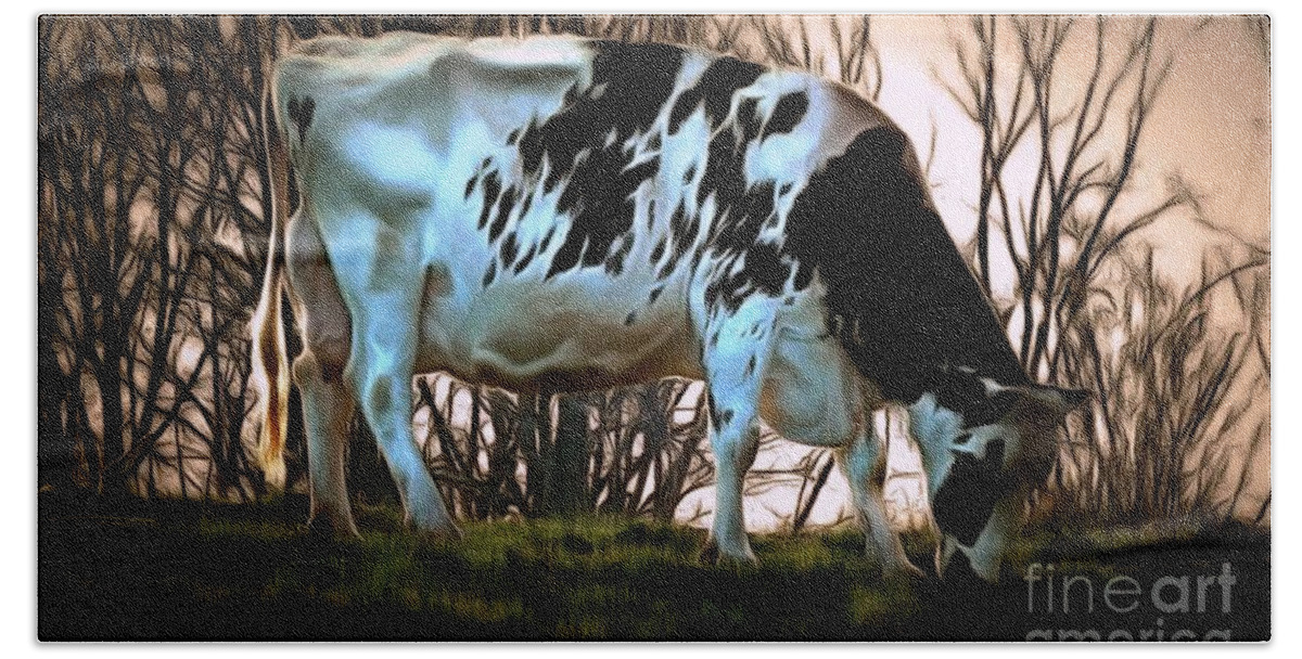 Cow Hand Towel featuring the photograph At the End of the Day - Black and White Cow by Janine Riley