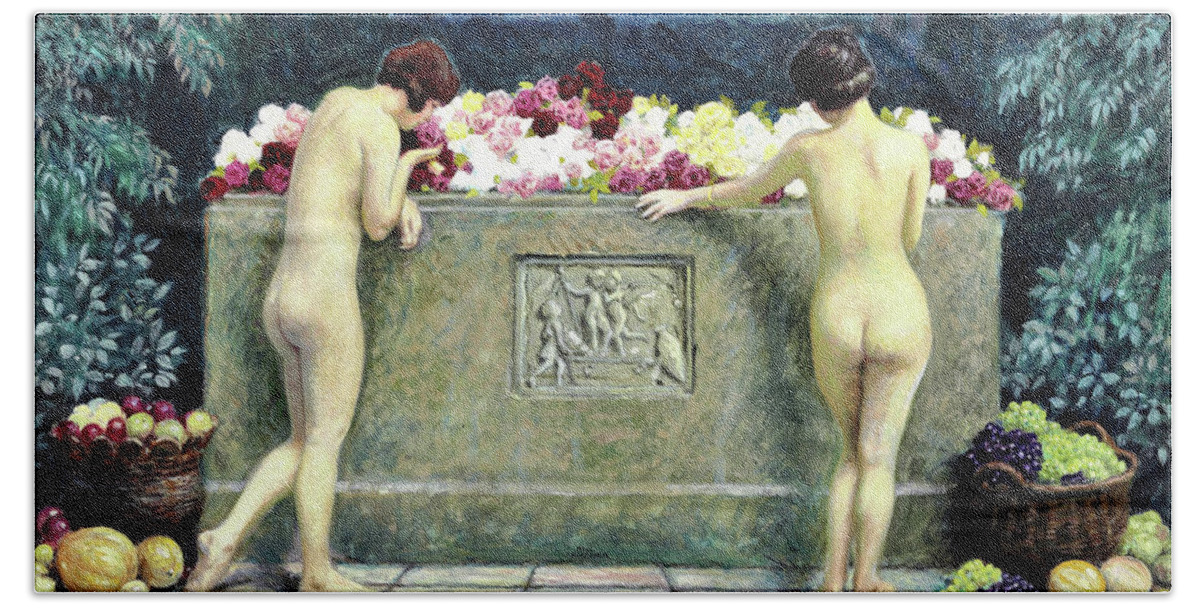 At The Sarcophagus Bath Towel featuring the painting At the sarcophagus - Digital Remastered Edition by Paul Gustav Fischer