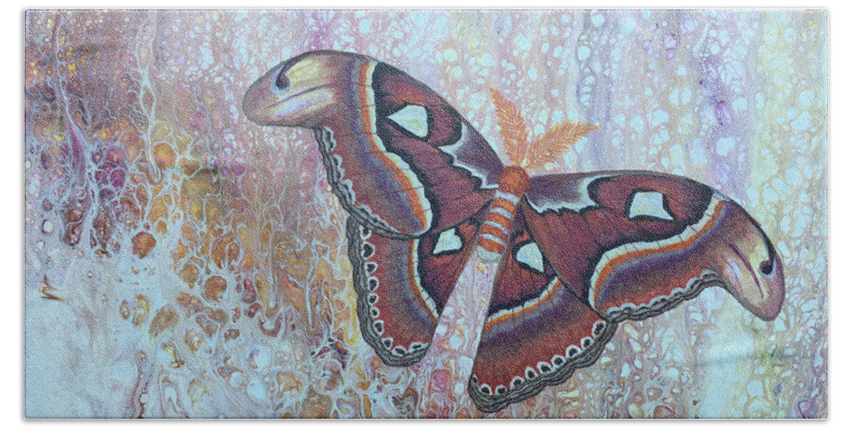 Moth Bath Towel featuring the painting Atlas Silk Moth by Lucy Arnold