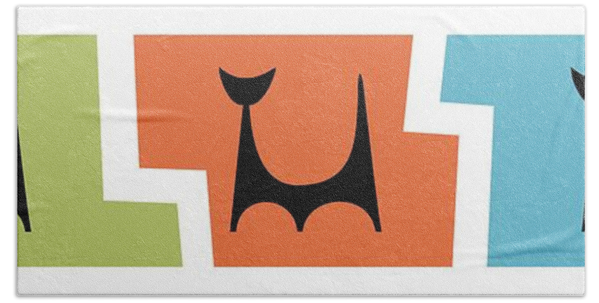 Atomic Cat Bath Towel featuring the digital art Atomic Cat Trio Green Orange Blue by Donna Mibus