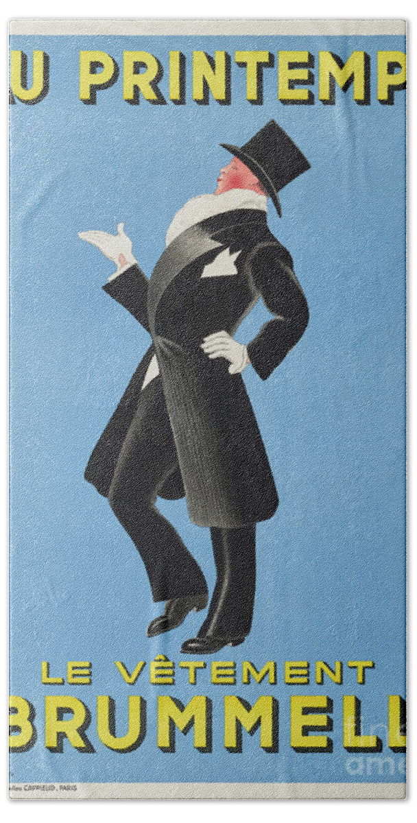 Au Printemps Hand Towel featuring the drawing Au Printemps. Brummel Vintage Poster 1936 by Vintage Treasure