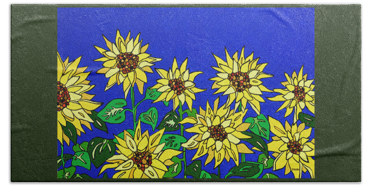 Big Yellow Peace Sunflowers Ukraine Bath Towel featuring the painting August Blooms by Mike Stanko