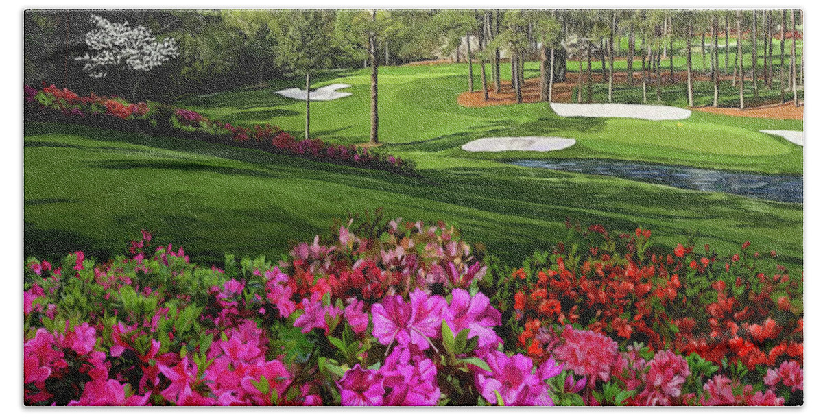 Augusta Bath Towel featuring the painting AugustaAzaleas16th and 15th by Tim Gilliland