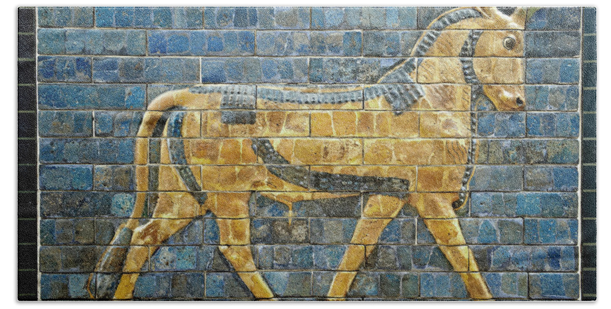 Auroch Hand Towel featuring the photograph Aurochs glazed panel from the Ishtar Gate - Babylon 575 BC - Istanbul Archseological Museum by Paul E Williams