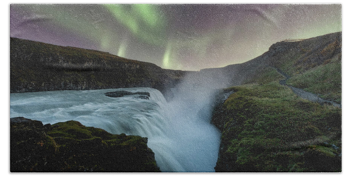 Gullfoss Hand Towel featuring the photograph Aurora Borealis over Gullfoss Waterfall in Iceland by Alexios Ntounas