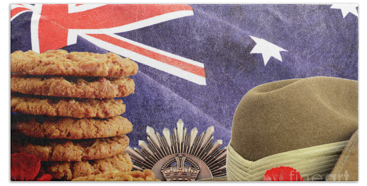 Anzac Biscuit Bath Towel featuring the photograph Australian Anzac Day collage by Milleflore Images