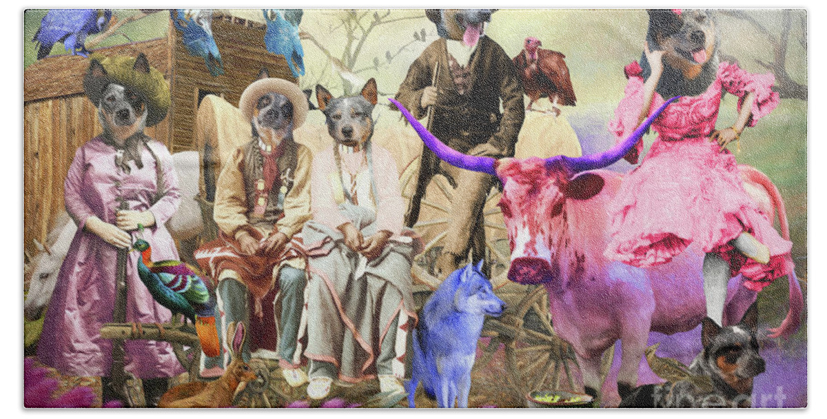 Australian Cattle Dog Hand Towel featuring the painting Australian Cattle Dog Blue Wild Wild West by Sandra Sij