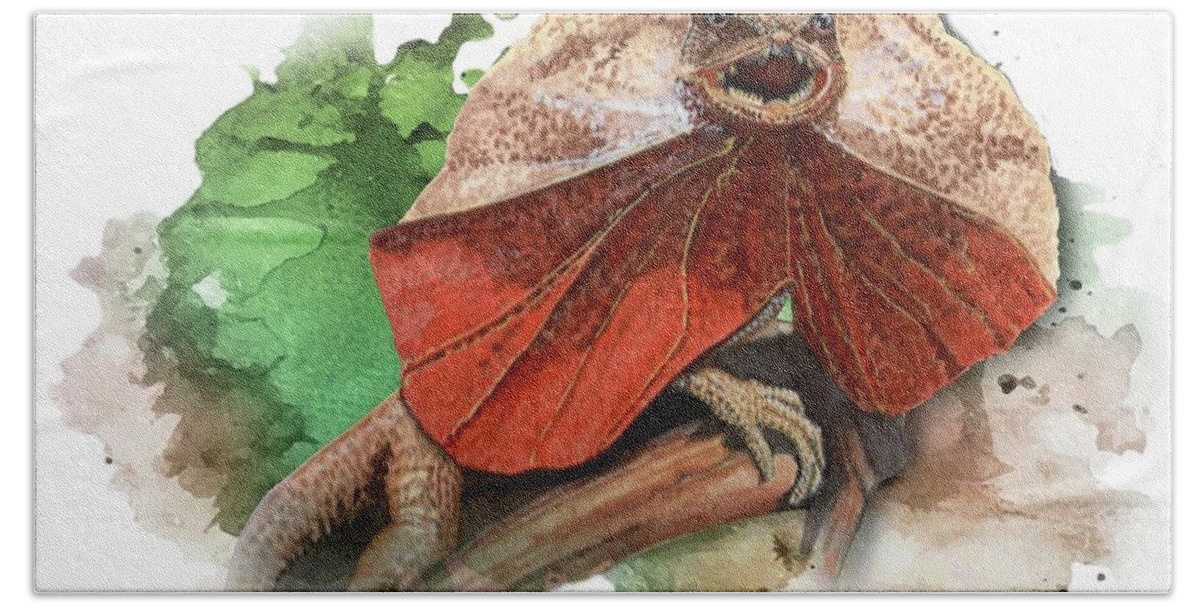 Art Bath Towel featuring the painting Australian Frilled Necked Lizard by Simon Read