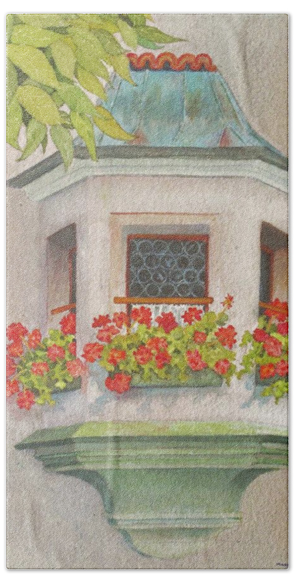 St. Wolfgang Hand Towel featuring the painting Austrian Window by Mary Ellen Mueller Legault