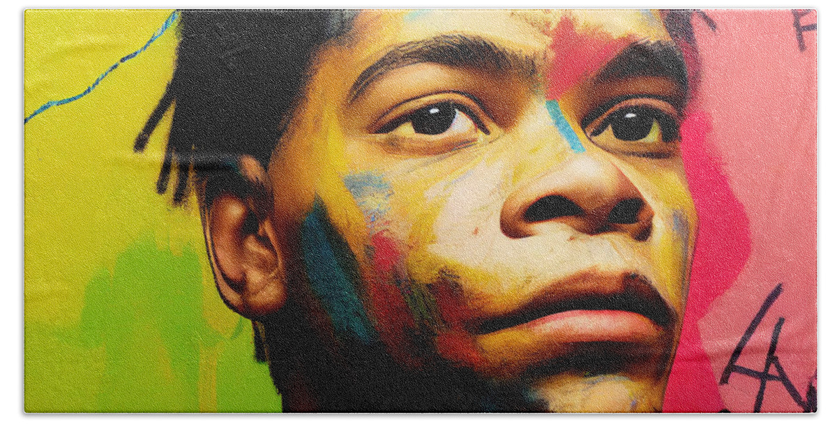 Autism Basquiat Décor Hand Towel featuring the painting Autism Basquiat 64572043f330 93cd 645032 a9b043 ba96455636459a6645563d3c by Asar Studios by As by Celestial Images